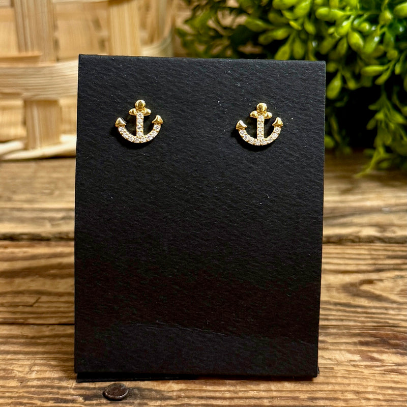 Gold Plated CZ Anchor Stud Earrings