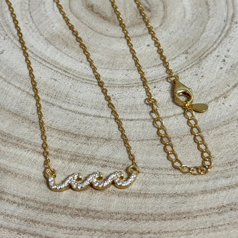Gold Plated Three Waves Pave Necklace