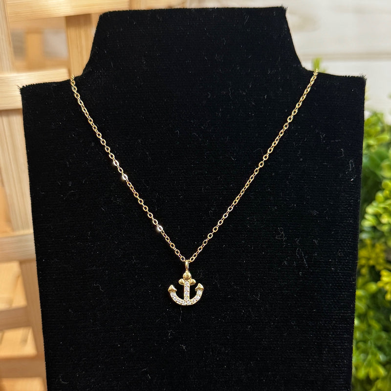 Gold Plated CZ Anchor Necklace