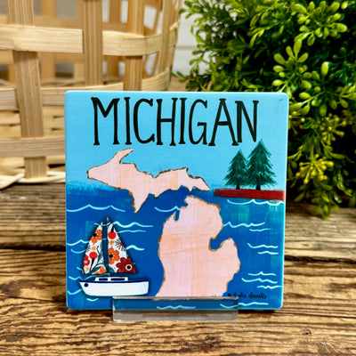 Michigan Boat & Pine Trees Coaster