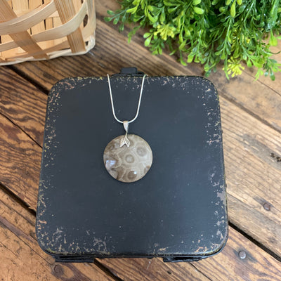 Large Circle Petoskey Stone Pendant Sterling Silver - Apothecary Gift Shop
