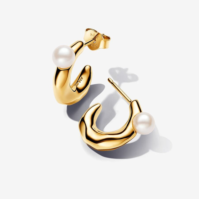 Pearl & Organically Shaped Hoop 14k Gold Plated Pandora Earrings