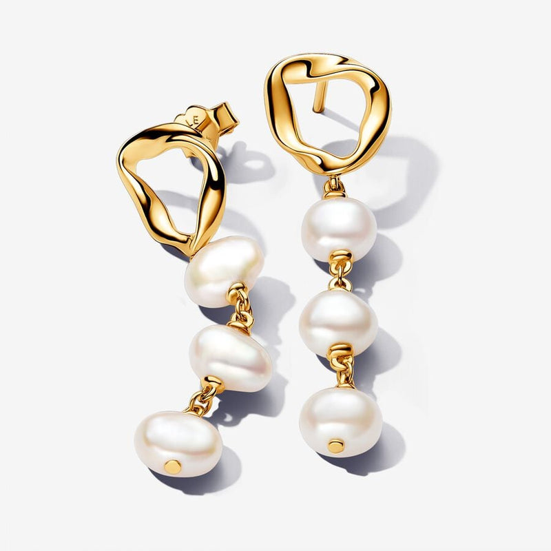 Organically Shaped Circle & Baroque Pearls Drop Pandora Earrings