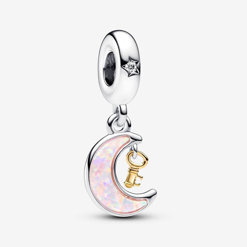 Two-tone Key & Moon Dangle Pandora Charm