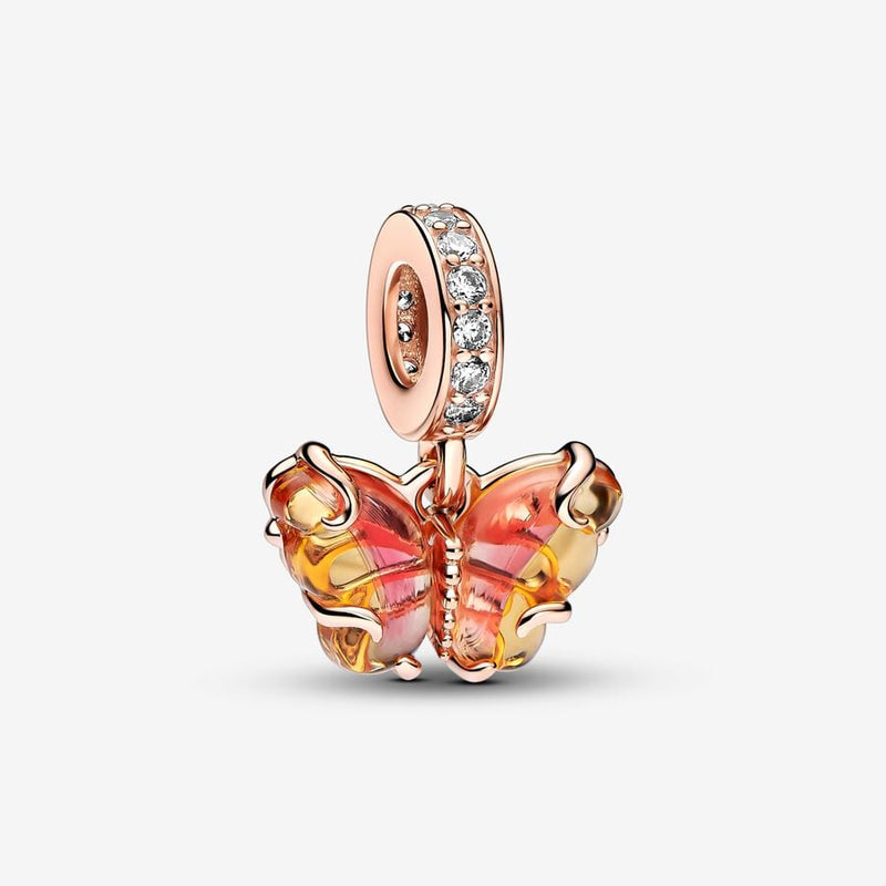 Pink & Yellow Murano Glass Butterfly Dangle Pandora Charm