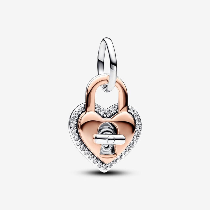 Two-tone Twistable Heart Padlock Double Dangle Pandora Charm