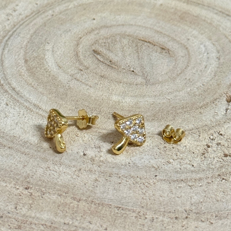 Gold Plated CZ Mushroom Stud Earrings