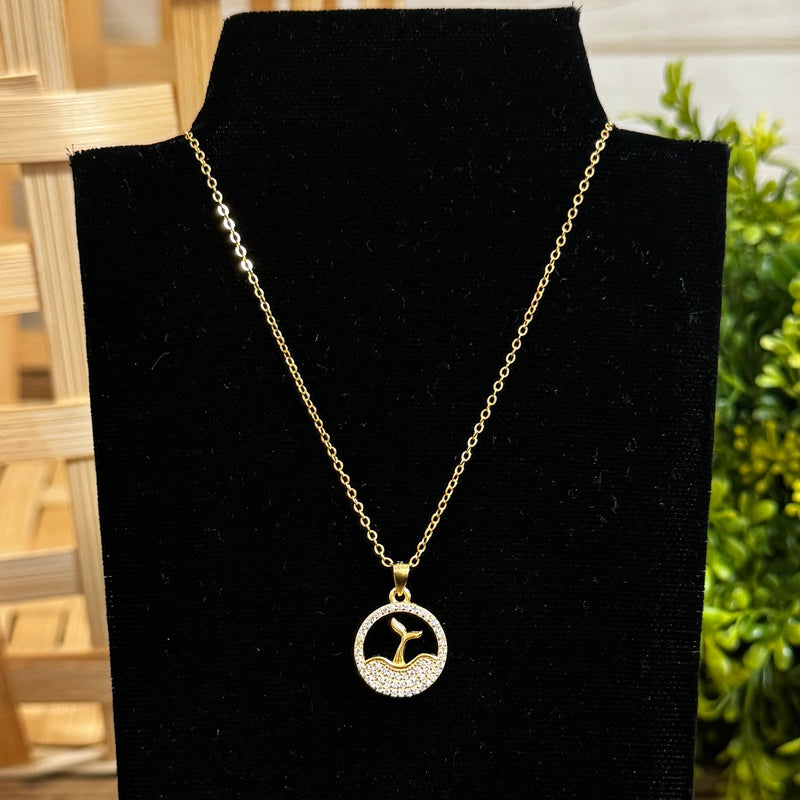 Gold Plated  CZ Whales Tail In Ocean Necklace