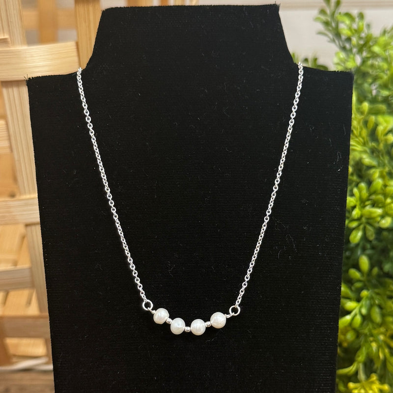 Four Pearls Bar Sterling Silver Necklace