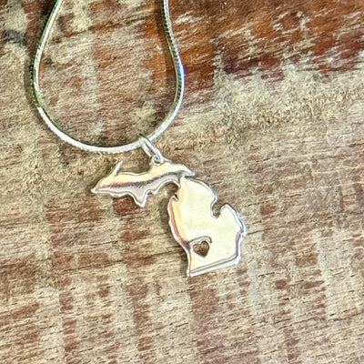 Michigan Sterling Silver Pendant - Lower & Upper Peninsula with Heart
