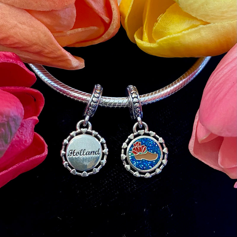 Custom Wooden Shoe & Red Tulips Holland Dangle Pandora Charm