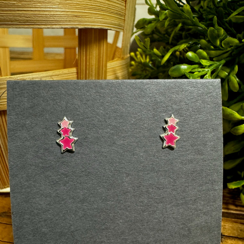 Sterling Silver Triple Star Pink Earrings