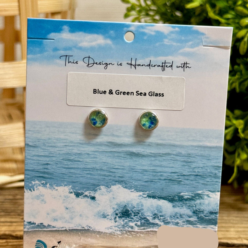 Blue & Green Sea Glass Drop Stud Earrings