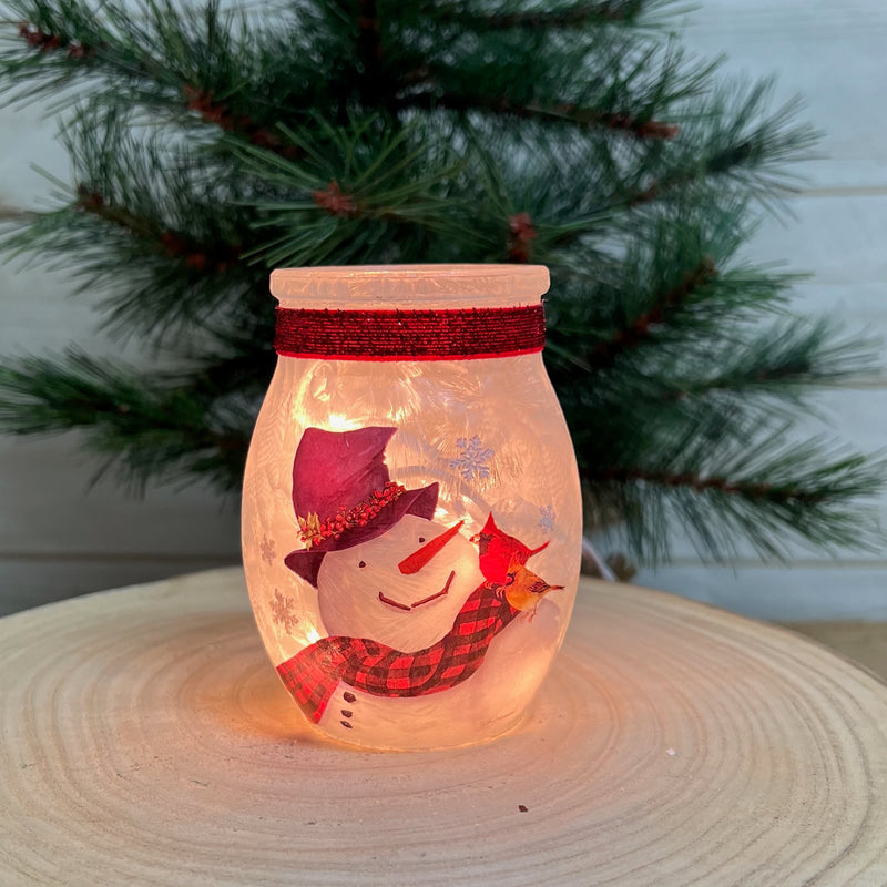 Lighted Vase Snowman With Birds