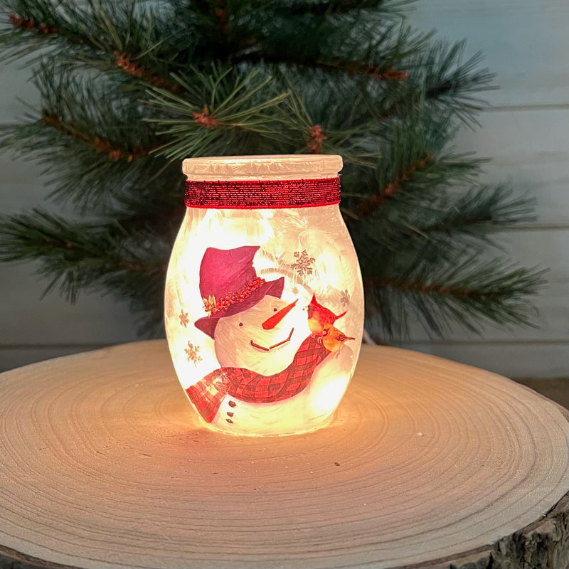 Lighted Vase Snowman With Birds