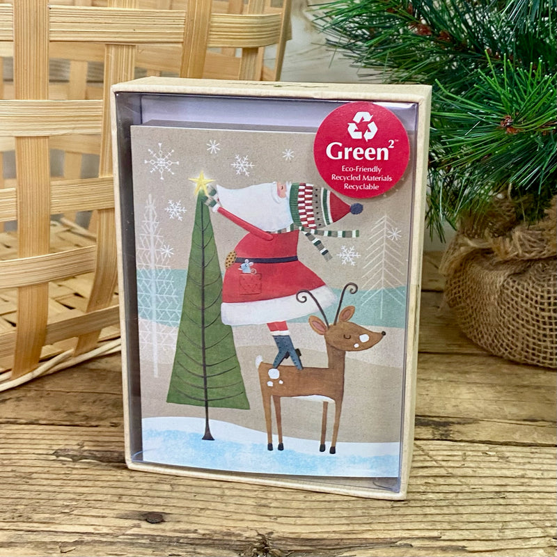 Reindeer and Santa Decorating Boxed Christmas Cards