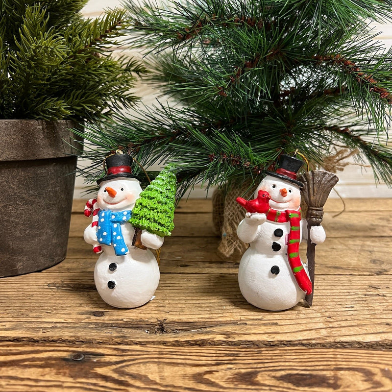 Snowman Ornament with Broom or Tree