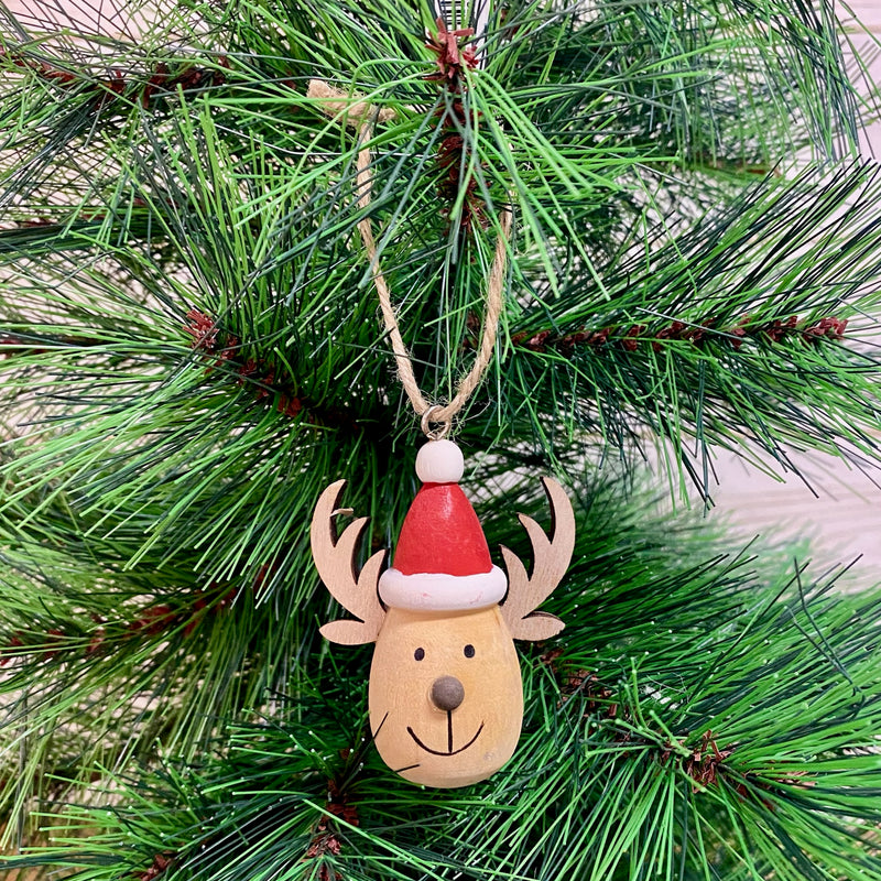 Wood Reindeer With Hat Ornament