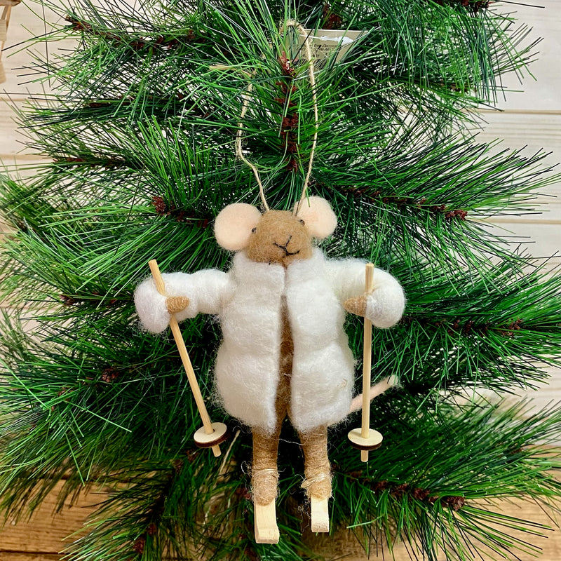 White Mouse Skiing Ornament