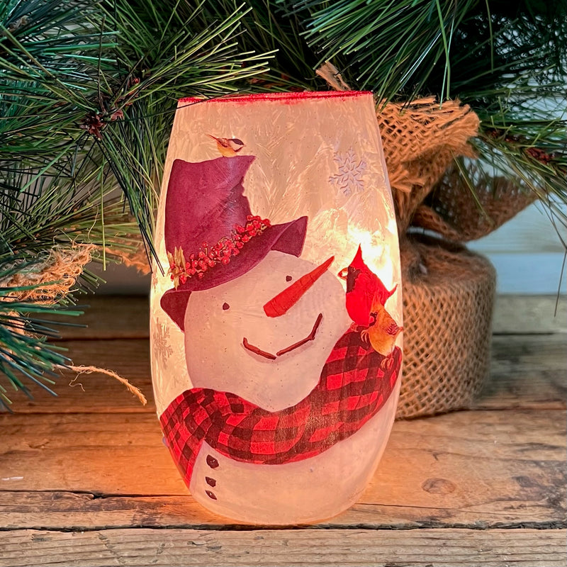 Lighted Vase Snowman & Birds