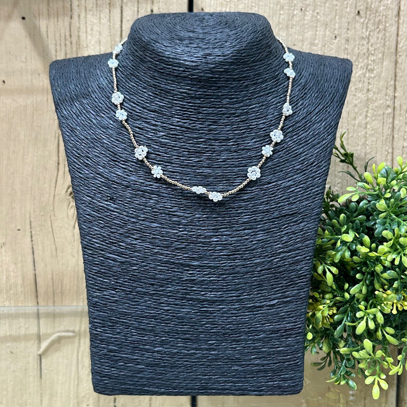 White Beaded Flower Necklace