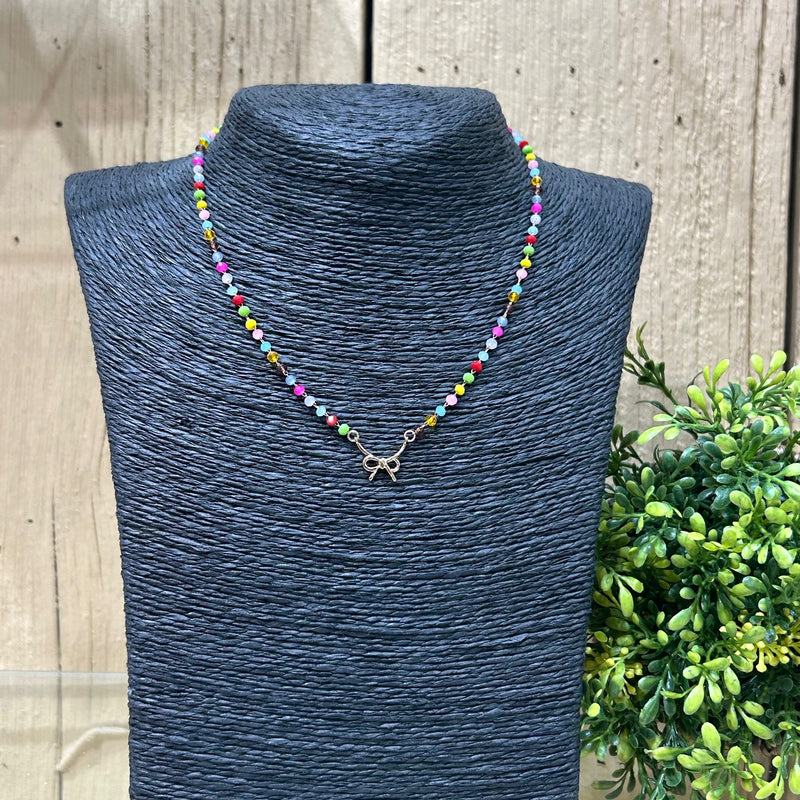 Bright Multicolored Crystal Bead Bow Necklace