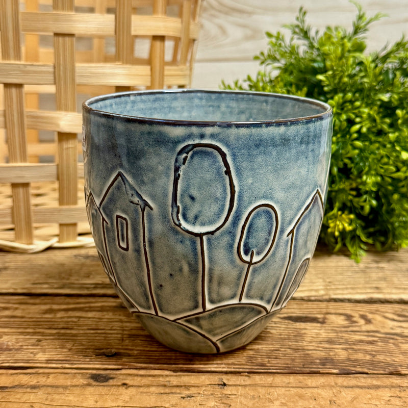 Blue Pot With Houses and Flowers