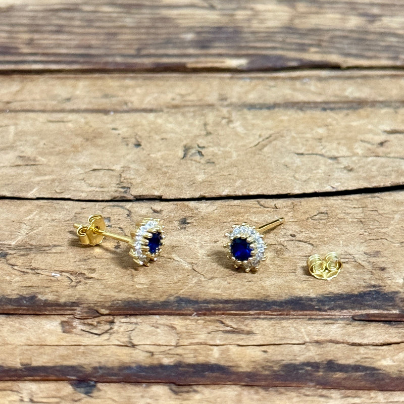 Gold Plated Blue CZ Daisy Halo Earrings