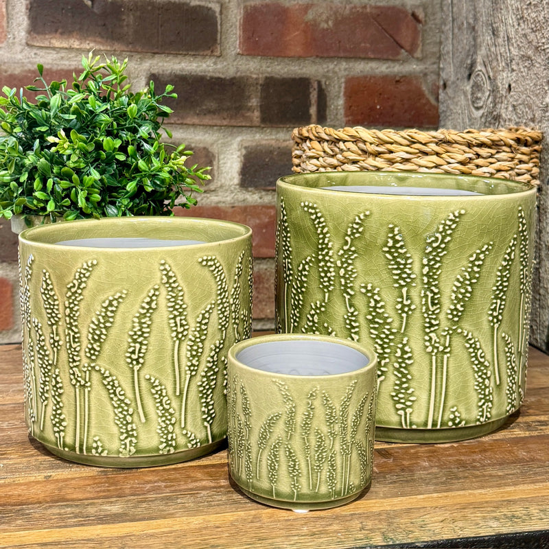 Green Floral Stem Pattern Ceramic Pots