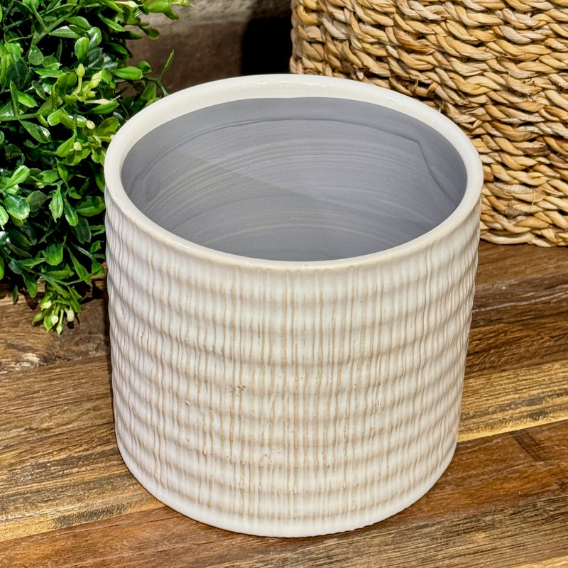 Beige Textured Linen Pattern Ceramic Pot