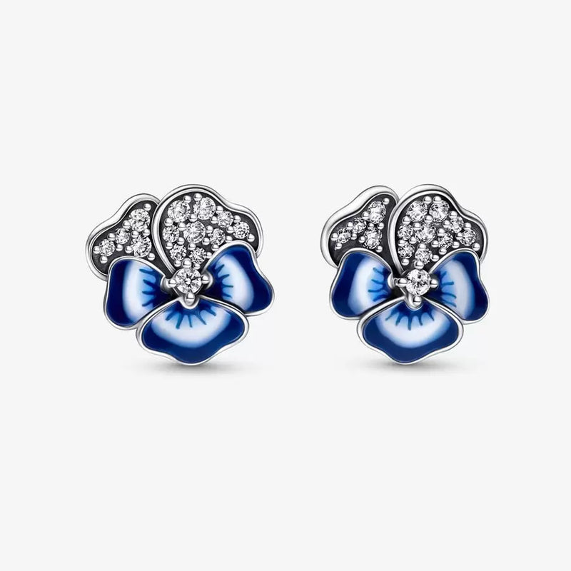 Blue Pansy Flower Stud Pandora Earrings