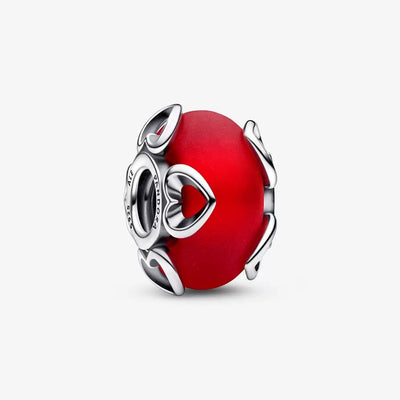Frosted Red Murano Glass & Hearts Pandora Charm