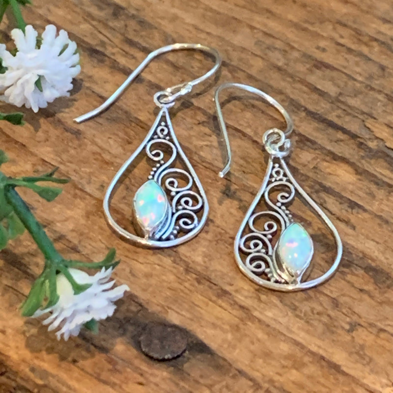 Sterling Silver Open Scroll Teardrop Opal Earrings - Apothecary Gift Shop