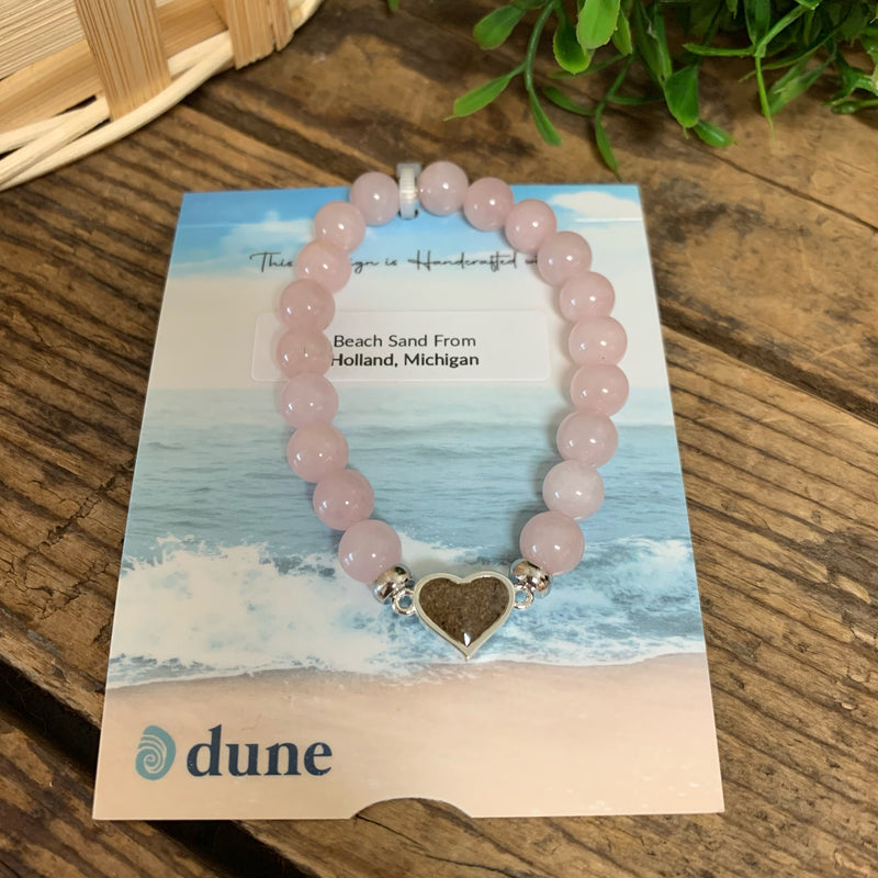 Custom Rose Quartz with Michigan Beach Sand Beaded Heart Bracelet