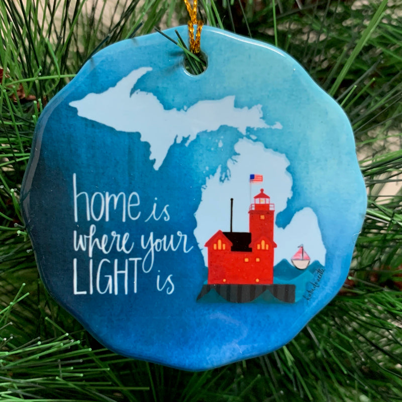 Michigan Outline with Big Red Lighthouse Ornament &