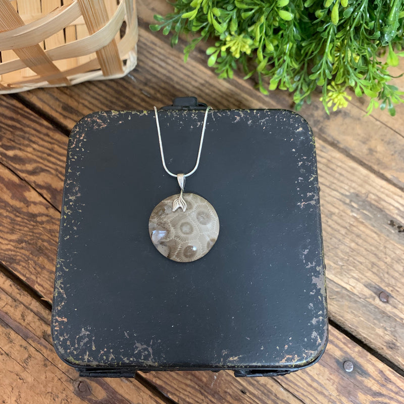 Large Circle Petoskey Stone Pendant Sterling Silver - Apothecary Gift Shop